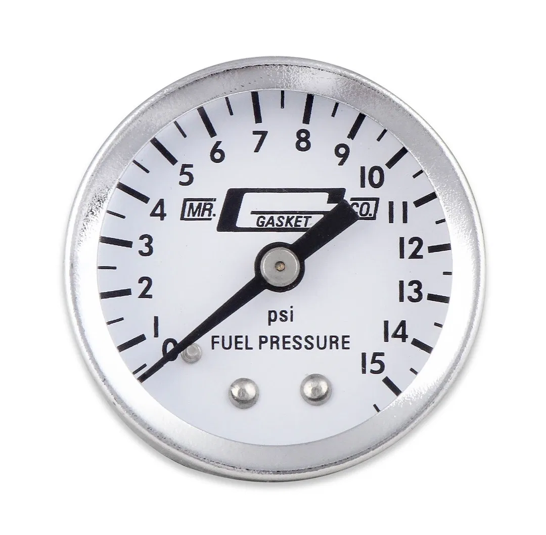 1561 – MR GASKET Gauge Fuel Pressure, 1-1/2 Inch Diameter Full Sweep 0-15 PSI Range Analog Display White Face/ Chrome...
